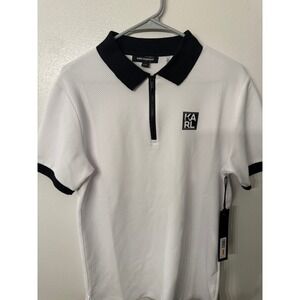 Karl Lagerfeld Men's White Textured Zip Polo Shirt S/P CH Black Collar Trim